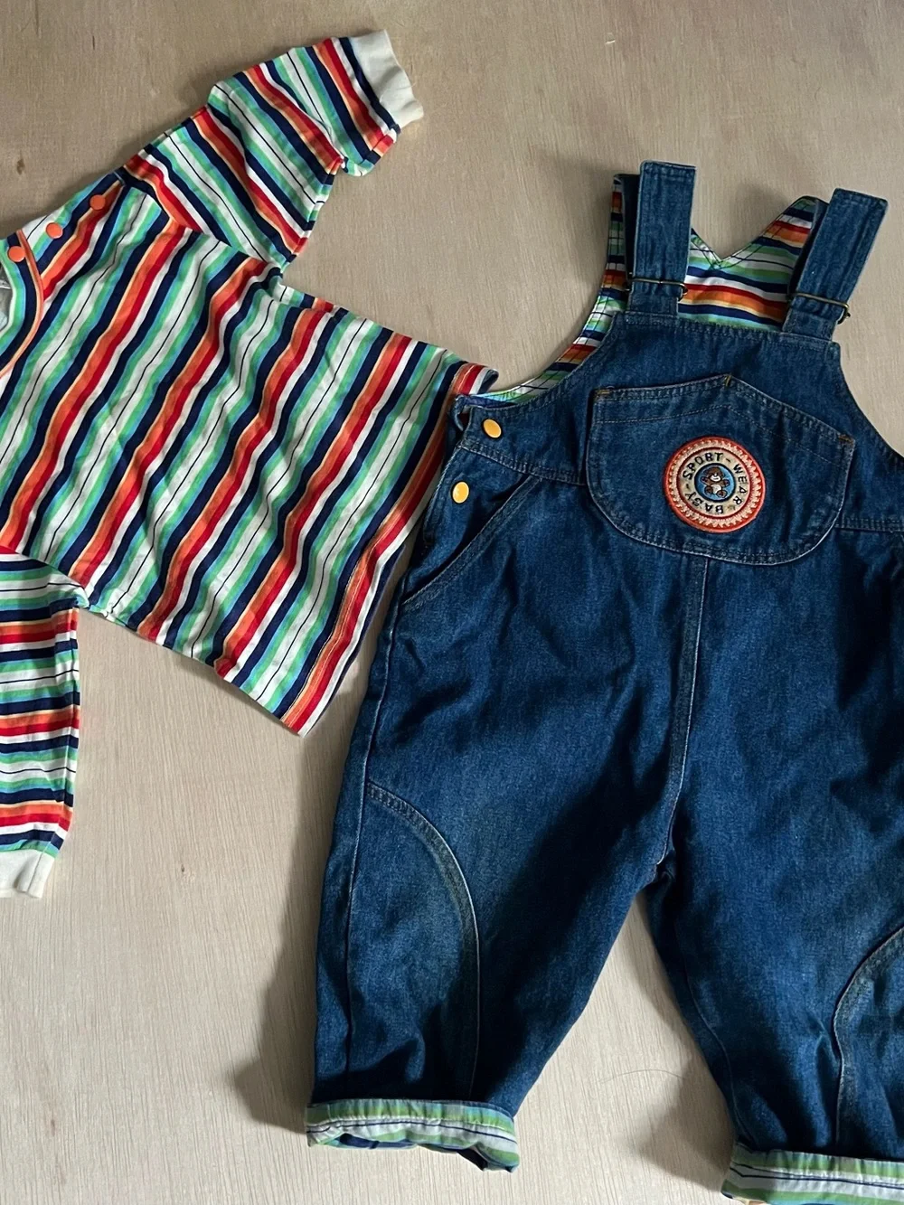 Baby 12-18 Months Multicolor Stripe Tee with Blue Denim Overalls Set